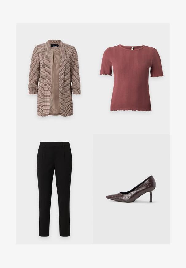 Blazer à carreaux dans des tons de marron avec une doublure intérieure claire, manches longues retroussées aux poignets et coupe cintrée.; Haut à manches courtes en tricot côtelé couleur rose poussiéreux, à col rond et bordure subtile ondulée aux manches et à l'ourlet.; Pantalon noir ajusté avec une coupe droite, fabriqué dans un tissu lisse. Caractéristiques: devant plat, passants de ceinture, et sans poches.; Escarpins à bout pointu en similicuir marron avec une texture crocodile, dotés d’un talon fin et angulaire ainsi que d’une doublure intérieure lisse.