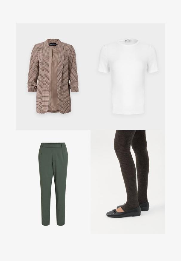 Rutet blazer i brune nuancer med en lys inderside, lange ærmer opsmøgget ved manchetterne og en skræddersyet pasform.; Hvid ribstrikket T-shirt med korte ærmer, rund hals og tætsiddende pasform samt en lille mærkeetiket inde i kraven.; Grønne tapered bukser med flad talje, lavet af et glat stof, med forfald og en ren afslutning ved anklen.; Ben iført mørke ribbede leggings kombineret med sorte balletsko med små sløjfedetaljer på hvid baggrund.