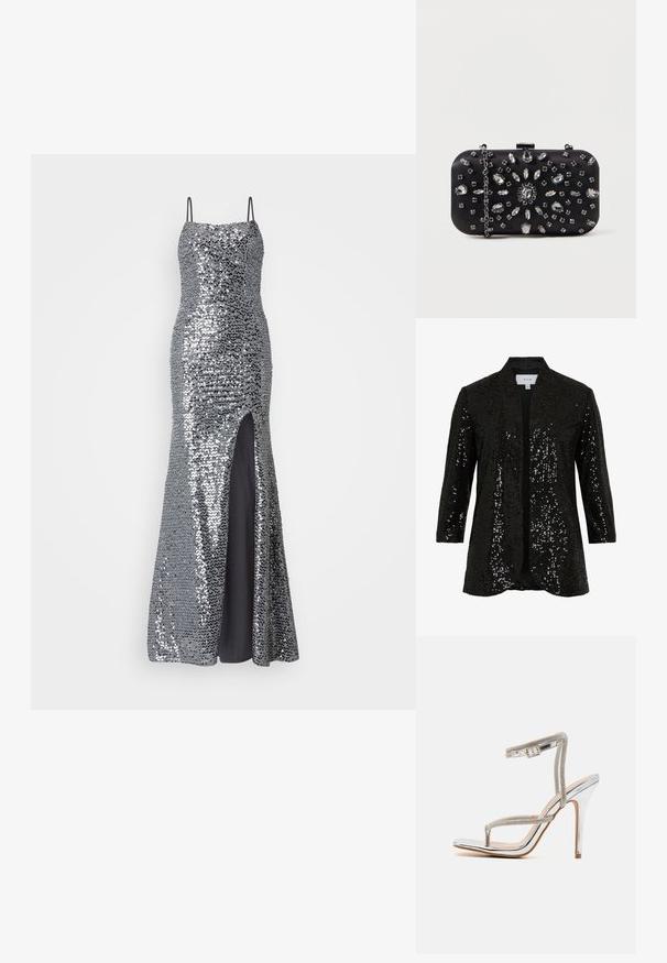 Veste noire à sequins avec un col châle, ouverture sur le devant et manches longues. Présente un tissu texturé et une doublure lisse.; Robe de soirée en sequins argentés avec des bretelles spaghetti, corsage ajusté et fente haute sur la cuisse. Doublure noire lisse en dessous.; RAID RORY - Sandales à talons hauts - silver; Pochette noire de forme rectangulaire, ornée de divers strass disposés en motifs floraux, dotée d'une chaîne en argent pour le transport.