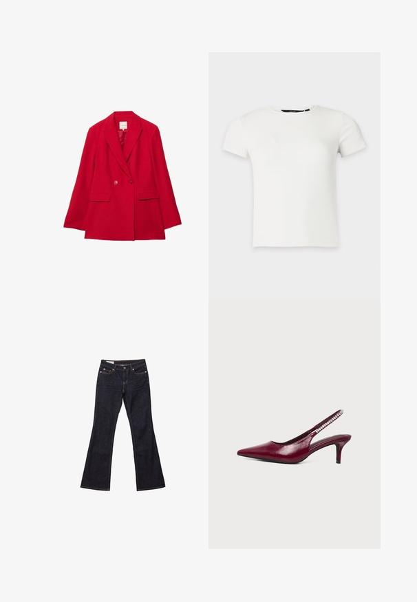 Blazer en laine rouge avec un revers à encoche, fermeture à deux boutons et deux poches avant. Doté d'une doublure intérieure lisse et d'une coupe ajustée.; T-shirt blanc à manches courtes en maille côtelée avec col rond, présenté sur un fond uni gris clair.; Jean bootcut en denim bleu foncé avec poches avant, fermeture par boutons et surpiqûres visibles.; Escarpin slingback en cuir verni bordeaux avec bout pointu, talon stiletto bas et bride décorée de petits cristaux blancs.