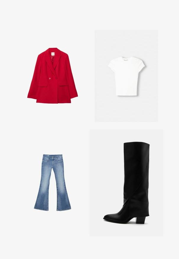 Blazer en laine rouge avec un revers à encoche, fermeture à deux boutons et deux poches avant. Doté d'une doublure intérieure lisse et d'une coupe ajustée.; T-shirt blanc à manches courtes en coton doux, avec un col rond et une coupe ajustée. Pas de motifs ni d'ornements visibles.; Jean en denim bleu avec jambes évasées, poches plaquées à l'avant, fermeture à double bouton et effet délavé sur les cuisses et les genoux.; Botte haute en cuir noir avec couture inclinée, bout pointu et talon épais de taille moyenne sur fond blanc.