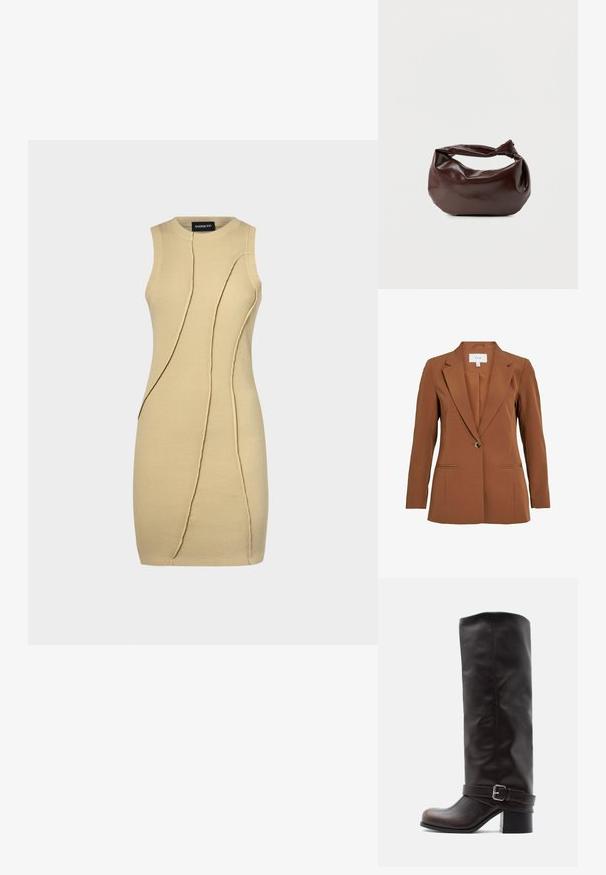 Brun, skræddersyet blazer med en enkelt knaplukning, notch-lapper og to forlommer. Fremstillet af tekstureret stof.; Strik udenærmet kjole i lys beige med ribbet tekstur. Har buede sømme for ekstra designdetalje. Slank, tætsiddende silhuet.; Mørkebrun læderstøvle til knæet med rund tå, lav blokhæle og dekorativ rem med sølvspænde ved anklen.; Mørkebrun læder skuldertaske med en blød, afslappet form og et snoet knudehåndtag på en ensartet hvid baggrund.