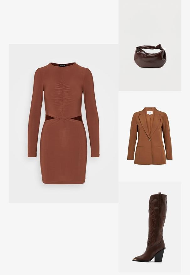 Brauner, taillierter Blazer mit einem Ein-Knopf-Verschluss, abgeschrägten Revers und zwei vorderen Taschen. Hergestellt aus einem strukturierten Stoff.; Even&Odd Jerseykleid - brown; RAID RIMSKY - High Heel Stiefel - brown; Dunkelbraune Lederschultertasche mit weicher, lockerer Form und einem gedrehten Knotengriff vor schlichtem weißem Hintergrund.