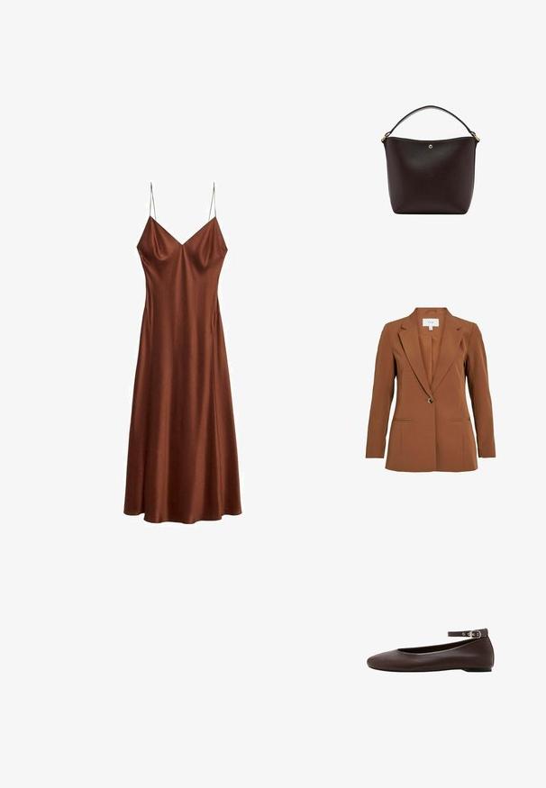 Bruine, op maat gemaakte blazer met een enkele knoopsluiting, met revers en twee voorzakken. Gemaakt van gestructureerde stof.; Bruine satijnen slipjurk met dunne spaghetti bandjes en een lichte uitloop bij de zoom, met een V-halslijn en een gladde textuur.; Donkerbruine platte schoen met afgeronde neus en verstelbare enkelband met zilveren gesp op witte achtergrond.; Zwarte leren buckethandtas met een gebogen bovenrand, enkele korte handgreep en klein goudkleurig knopdetail aan de voorkant in het midden.