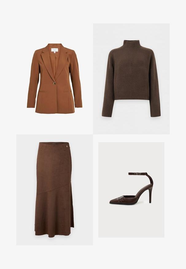 Brauner, taillierter Blazer mit einem Ein-Knopf-Verschluss, abgeschrägten Revers und zwei vorderen Taschen. Hergestellt aus einem strukturierten Stoff.; Dunkelbrauner, langärmliger Strickpullover mit geripptem Stehkragen, Bündchen und Saum, auf weißem Hintergrund dargestellt.; Brauner Midirock aus Wildleder mit leicht ausgestellter A-Linien-Form, einem Seitenschlitz und einem kleinen goldenen G-Akzent an der Taille. Glatte Textur.; Brauner Leder High-Heel-Schuh mit spitzer Spitze, drei dekorativen silbernen Schnallen vorne und Fußgelenkriemen mit silberner Schnalle.