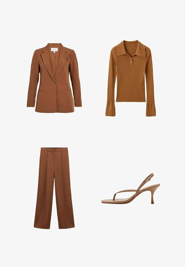 Brauner, taillierter Blazer mit einem Ein-Knopf-Verschluss, abgeschrägten Revers und zwei vorderen Taschen. Hergestellt aus einem strukturierten Stoff.; Braunes, geripptes Langarmshirt mit Kragen und Knopfleiste mit drei Knöpfen. Verfügt über ausgestellte Ärmelabschlüsse und eine weiche Textur.; Hochgeschnittene braune, weit geschnittene Hose mit Bügelfalten vorne und Seitentaschen, ausgestattet mit einem verdeckten Reißverschluss vorne und einem Bundverschluss.; Slingback-Sandale aus hellbraunem Leder mit dünnem Riemen, quadratischer Spitze und mittelhohem Kitten-Heel mit verstellbarer Schnalle.