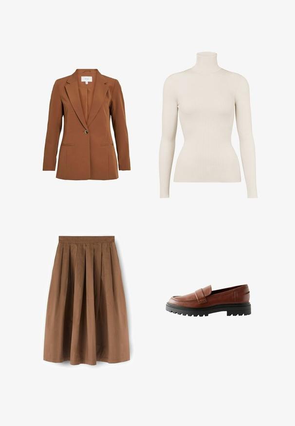 Bruine, op maat gemaakte blazer met een enkele knoopsluiting, met revers en twee voorzakken. Gemaakt van gestructureerde stof.; Crème ribbel coltrui met lange mouwen en een getailleerd silhouet, met een soepele textuur en een consistente verticale patroon.; Bruine geplooide knielange rok met een aansluitende tailleband, gemaakt van lichtgewicht stof, weergegeven tegen een witte achtergrond.; Bruine leren loafers met een verhoogde neus, decoratieve band en een geprofileerde zwarte rubberen zool met opvallend profiel.