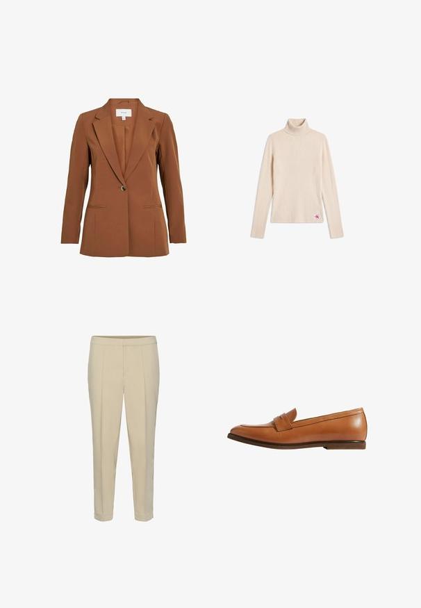Blazer marrón ajustado con cierre de un solo botón, solapas con muesca y dos bolsillos frontales. Fabricado con tela texturada.; Jersey beige de canalé con cuello alto y mangas largas, con un pequeño parche con logo cerca del bajo, sobre fondo blanco.; Pantalones beige a medida con pernera recta, pliegues delanteros y dobladillo con vuelta. Textura suave y sin hardware o patrones visibles.; Mocasín de cuero marrón claro con un diseño elegante, que presenta un detalle de correa frontal, punta redondeada y tacón bajo marrón. Textura suave, estilo minimalista.