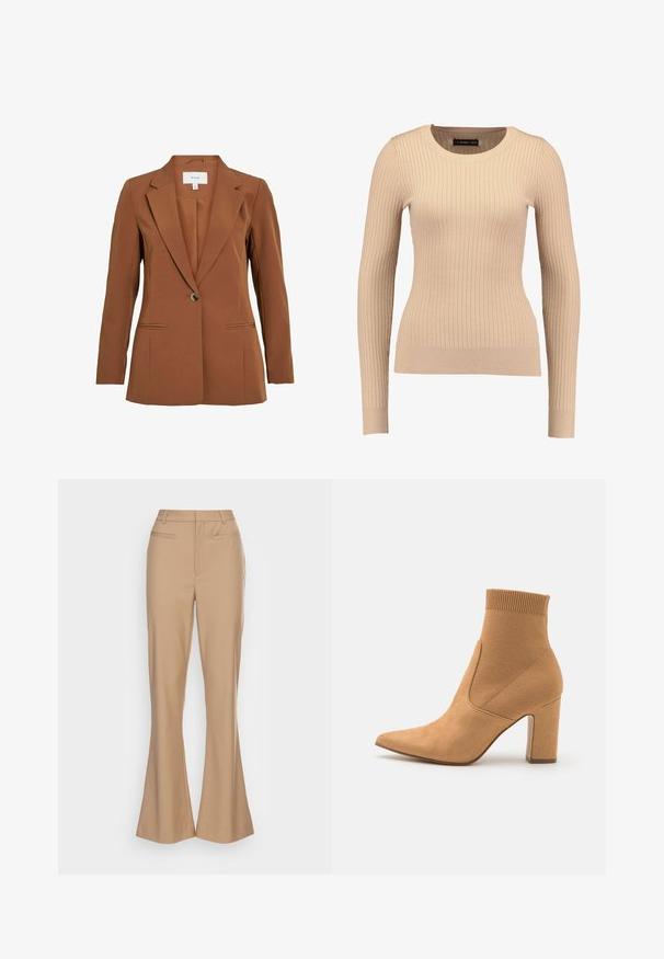 Brauner, taillierter Blazer mit einem Ein-Knopf-Verschluss, abgeschrägten Revers und zwei vorderen Taschen. Hergestellt aus einem strukturierten Stoff.; Gestreifter Langarm-Pullover in hellbeige, aus dehnbarem Stoff hergestellt. Verfügt über einen runden Ausschnitt und eine taillierte Silhouette mit bündchenartigen Manschetten.; Beige ausgestellte Hose aus glattem Stoff, mit mittelhohem Bund, leichten Bundfalten und zwei Vordertaschen.; Braune Ankelstiefel aus weichem Wildleder, mit einer spitzen Zehenpartie, geripptem Schaft und einem klobigen Absatz für zusätzliche Stabilität.