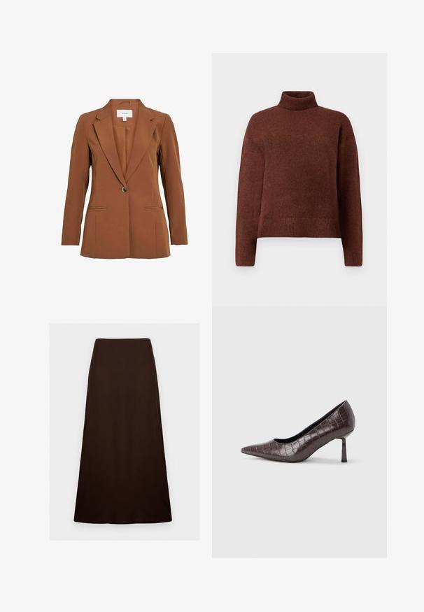 Brun, skræddersyet blazer med en enkelt knaplukning, notch-lapper og to forlommer. Fremstillet af tekstureret stof.; Brun rullekrave sweater lavet af blødt strikket stof, med en afslappet pasform, ribbede manchetter og kant. Glat tekstur med minimal detaljer.; Mørkebrun, ankellang A-formet nederdel med en glat, ensartet tekstur og en tætsiddende talje mod en ensfarvet hvid baggrund.; Brune kunstlæder stiletter med spidse tæer og krokodilletekstur, der har en slank, vinklet hæl og en glat inderside.