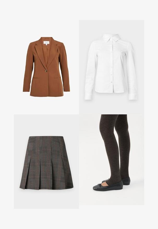 Brun, skræddersyet blazer med en enkelt knaplukning, notch-lapper og to forlommer. Fremstillet af tekstureret stof.; Hvid skjorte med lange ærmer, knapper, spids krave, lige kant og tætsiddende silhuet, vist på en ensartet lys baggrund.; Gråternet nederdel med plisseringer, prydet med intrikate mønstre i sort og hvid, akkompagneret af tynde røde linjer. Fremstillet af et struktureret stof.; Ben iført mørke ribbede leggings kombineret med sorte balletsko med små sløjfedetaljer på hvid baggrund.