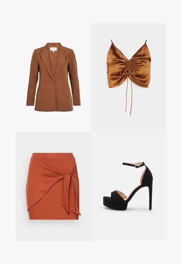 Bruine, op maat gemaakte blazer met een enkele knoopsluiting, met revers en twee voorzakken. Gemaakt van gestructureerde stof.; Even&Odd by Zalando CAMI RUSHING FRONT - Top - 708 - cognac; Even&Odd by Zalando Minirok - brown; Zwarte suède hoge hakken sandaal met een platformzool, enkelband met zilveren beslag, open teen ontwerp en een gladde textuur.