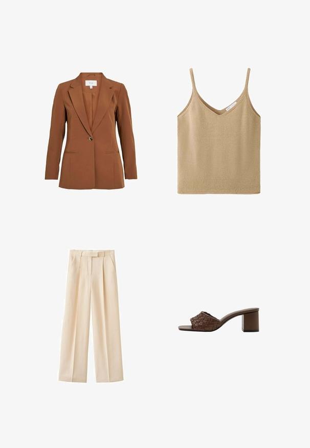 Bruine, op maat gemaakte blazer met een enkele knoopsluiting, met revers en twee voorzakken. Gemaakt van gestructureerde stof.; Beige gebreide mouwloze tanktop met dunne bandjes en een V-hals, met een klein wit merklab binnenin de hals.; Beige hoge taille wijde broek met ceintuurlussen, voorplooien en zijzakken, geschikt voor formele of casual gelegenheden.; Bruine mule-sandaal met gevlochten leren bovenwerk, open teen en blokhak op een witte achtergrond.
