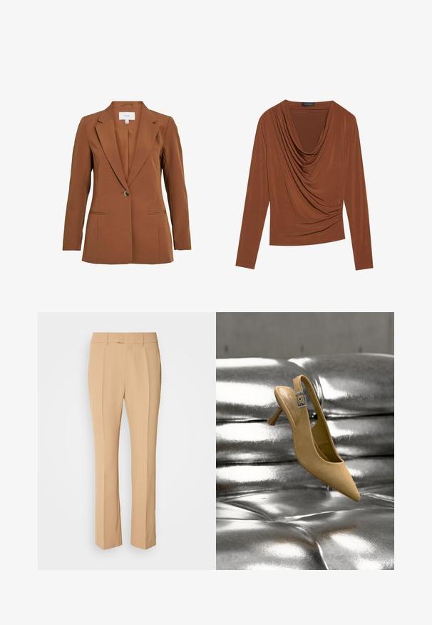 Bruine, op maat gemaakte blazer met een enkele knoopsluiting, met revers en twee voorzakken. Gemaakt van gestructureerde stof.; Langsleeve top in donkerbruin, met een gedrapeerde halslijn en geplooide zijkanten, gemaakt van soepel, rekbaar materiaal.; Beige op maat gemaakte broek met rechtlopen, voorzien van twee plooien aan de voorkant, een platte voorkant en een gladde, lichte stof.; Beige suède slingback kitten heel schoen met een zilveren gesp, gepositioneerd boven een glanzend metalen getuft oppervlak.