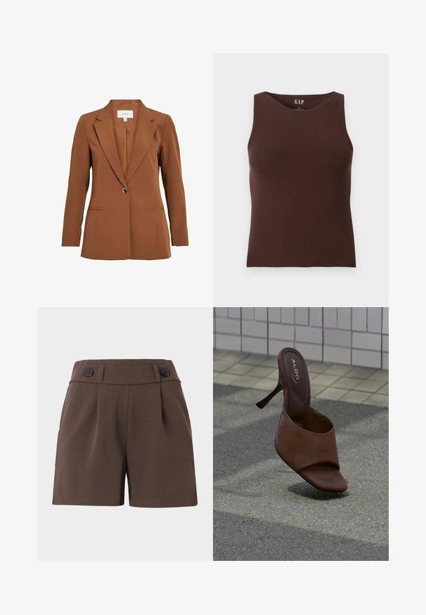 Bruine, op maat gemaakte blazer met een enkele knoopsluiting, met revers en twee voorzakken. Gemaakt van gestructureerde stof.; Mouwloos bruin katoenen tanktop met een ronde hals, met het label kleine maat van GAP, weergegeven op een effen witte achtergrond.; Bruine shorts gemaakt van een stoffen met structuur, met een hoge taille, plooien en twee zwarte knopen aan de voorkant. Tailored ontwerp met zijzakken.; Bruine mule met hoge hak en open teen met ALDO-logo op de binnenzool, staand op een gestructureerd voetpad naast een betegelde muur.