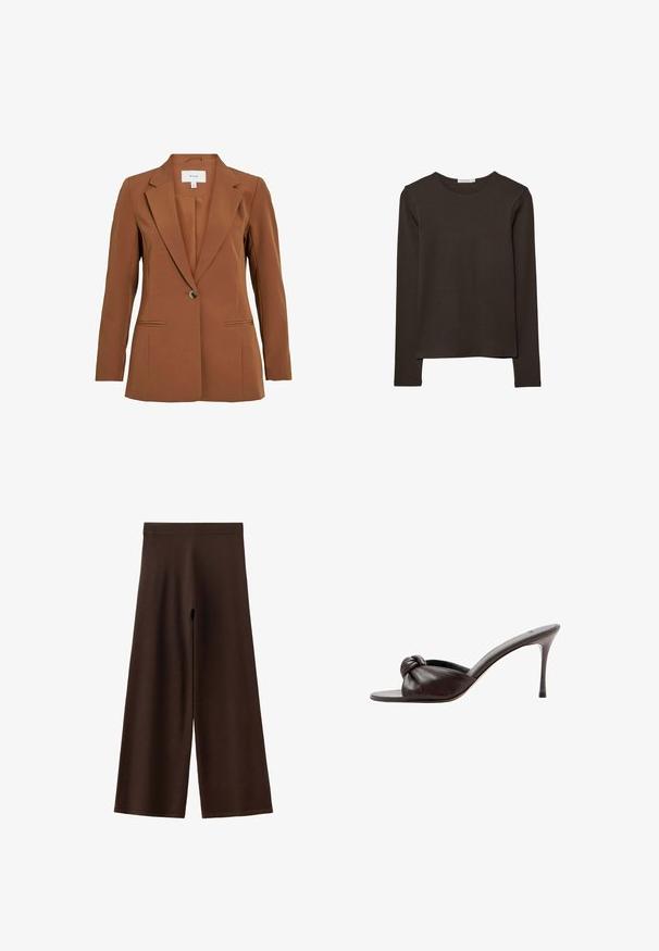 Brun, skræddersyet blazer med en enkelt knaplukning, notch-lapper og to forlommer. Fremstillet af tekstureret stof.; Langærmet, mørkebrun bluse lavet af blødt stof. Har en rund halsudskæring og en lige kant uden synlige mønstre eller detaljer.; Brune bukser med vidde ben og elastisk talje, simpelt design, vist på hvid baggrund.; Mørkebrunt læder højhælet mule med åben tå og knudedetalje på den forreste rem.