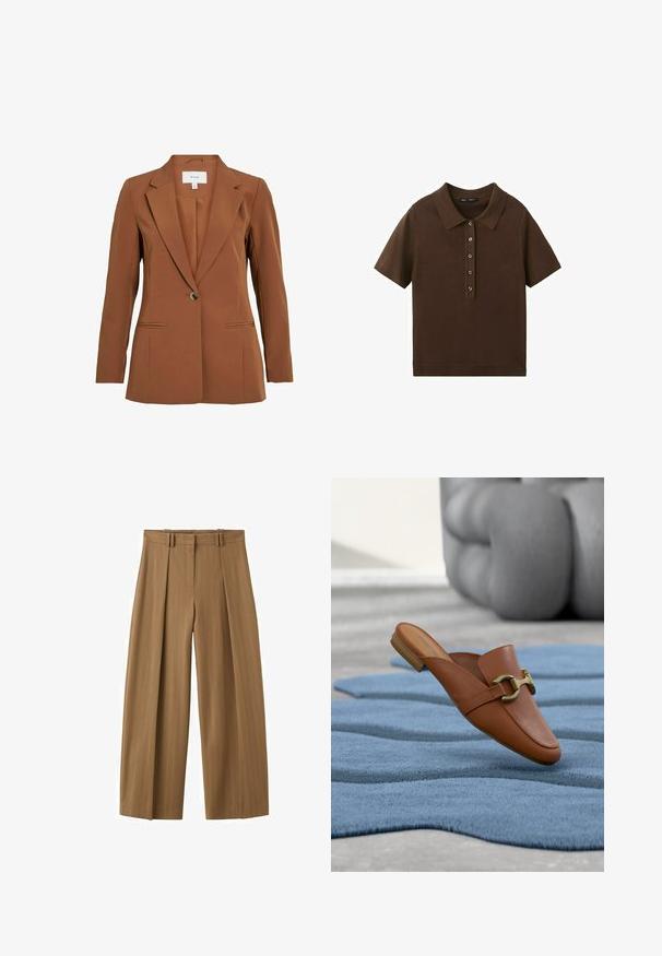 Brun, skræddersyet blazer med en enkelt knaplukning, notch-lapper og to forlommer. Fremstillet af tekstureret stof.; Brun kortærmet strikket polo med fem knapper foran og en klassisk krave, vist på hvid baggrund.; Brune bukser med høj talje og vide ben med subtile nålestriber, frontlige læg, bæltestropper og en skjult frontlynlås.; Brun læders slip-on loafer med gyldent hestebidsdetalje placeret på et struktureret blåt tæppe med gråt polstret møbel i baggrunden.