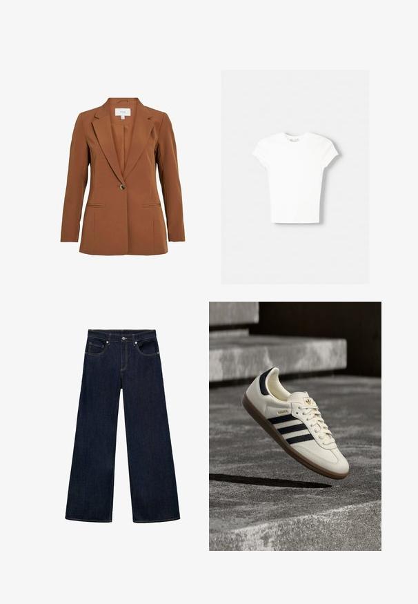 Bruine, op maat gemaakte blazer met een enkele knoopsluiting, met revers en twee voorzakken. Gemaakt van gestructureerde stof.; Witte t-shirt met korte mouwen van zachte katoen, met een ronde halslijn en een getailleerde vorm. Geen zichtbare patronen of versieringen.; Donkerblauwe denim wijde jeans met een hoge taille, voorzien van vijf zakken, metalen knoopsluiting en zichtbare stikselaccenten.; Witte Adidas Samba sneaker met zwarte strepen en gumzool, zwevend boven gestructureerde grijze betonnen treden.