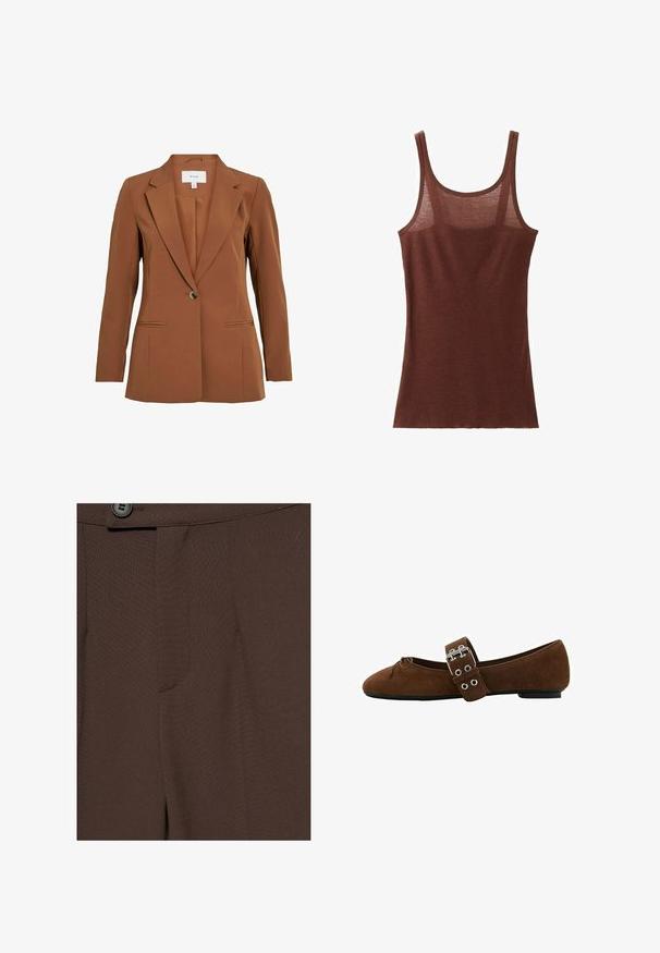 Brun, skræddersyet blazer med en enkelt knaplukning, notch-lapper og to forlommer. Fremstillet af tekstureret stof.; Brun ribbet ærmeløs tanktop med rund halsudskæring, lavet af let, halvgennemsigtigt stof.; Nærbillede af mørkebrune skræddersyede bukser med en knap og linning synlig øverst.; Brun ruskinds flad sko med rundet tå, dekorativ sløjfe og bred justerbar rem med sølvspænde og øjer.