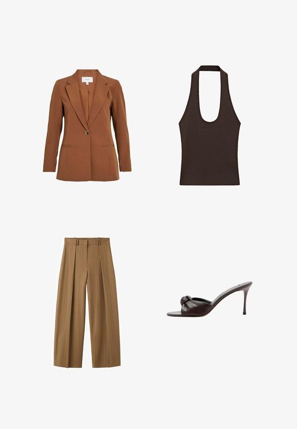 Brun, skræddersyet blazer med en enkelt knaplukning, notch-lapper og to forlommer. Fremstillet af tekstureret stof.; Mørkebrun ærmeløs halterneck-top med brede stropper og dyb rund udskæring lavet af ribstrikket stof.; Brune bukser med høj talje og vide ben med subtile nålestriber, frontlige læg, bæltestropper og en skjult frontlynlås.; Mørkebrunt læder højhælet mule med åben tå og knudedetalje på den forreste rem.
