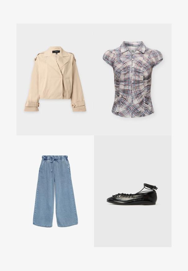 Trench-coat court beige avec larges revers, bretelles boutonnées aux épaules et poignets réglables boutonnés, posé à plat sur un fond blanc.; Chemise femme à manches courtes, boutonnée, motif carreaux bleu, rouge et blanc avec un petit col sur fond blanc.; Pantalon large en denim bleu clair avec taille élastique et cordon, avec poches latérales.; Ballerines en cuir verni noir avec un bout rond, un design à lacets et une semelle plate. Texture lisse avec peu de détails.