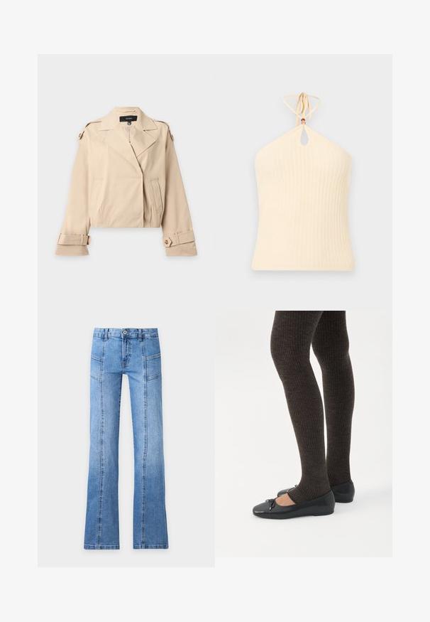 Trench-coat court beige avec larges revers, bretelles boutonnées aux épaules et poignets réglables boutonnés, posé à plat sur un fond blanc.; Haut à col licou en maille côtelée couleur crème avec une découpe en forme de trou de serrure et des bretelles fines nouées autour du cou, présenté sur un fond uni.; Jean en denim bleu clair avec taille haute, bouton devant, fermeture éclair, détails de coutures et jambes légèrement évasées sur un fond uni.; Jambes portant des leggings côtelés foncés associés à des ballerines noires avec de petits détails en nœud sur fond blanc.