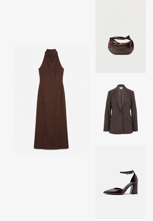 Brun stribet blazer med klapkrave, enkelt knaplukning og to forlommer. Glat indvendig foring i en mørkere nuance.; Ærmeløs mørkebrun maxikjole med høj hals og tætsiddende talje, med sideslids fra knæ til kant.; Mørkebrunt læder pumps med spids tå, høj hæl, ankelrem og sølvspænde på hvid baggrund.; Mørkebrun læder skuldertaske med en blød, afslappet form og et snoet knudehåndtag på en ensartet hvid baggrund.