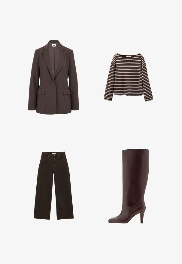 Bruine pinstriped blazer met een notch-lapel, enkele knoopsluiting en twee voorzakken. Gladde binnenvoering in een donkerdere tint.; Bruin shirt met lange mouwen en witte horizontale strepen, met een brede ronde halslijn, weergegeven tegen een witte achtergrond.; Donkerbruine, wijde spijkerbroek met knopen en ritssluiting aan de voorkant, voorzakken met klinknagels en riemlussen, plat gelegd op een witte achtergrond.; Bruine leren kniehoogde laars met een puntige neus en een stilettohak. Glad textuur en naadloos ontwerp.