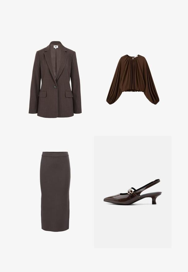 Bruine pinstriped blazer met een notch-lapel, enkele knoopsluiting en twee voorzakken. Gladde binnenvoering in een donkerdere tint.; Bruine blouse met ballonmouwen gemaakt van zachte stof, met een geplooide halslijn en elastische zoom. Soepele textuur met gedrapeerde details.; Donkerbruin, rekbare midi-jurk met een gladde textuur en geribde tailleband. Rechte snit die onder de knie komt, zonder zakken of versieringen.; Marco Tozzi Klassieke pumps - cinnamon