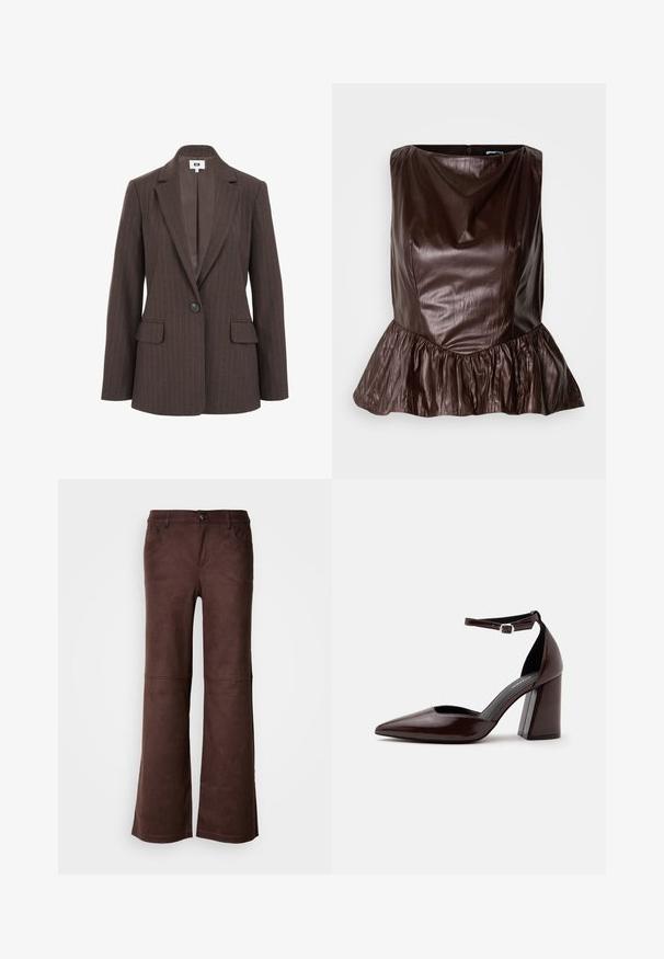 Brun stribet blazer med klapkrave, enkelt knaplukning og to forlommer. Glat indvendig foring i en mørkere nuance.; Brun læder peplum top med en rund halsudskæring, tekstureret overflade og en flared flæse ved kanten. Rent, minimalistisk design.; Brune flagrende bukser i et blødt, suede-lignende stof. Har fire lommer, en knaplukning og en glat, tekstureret overflade.; Mørkebrunt læder pumps med spids tå, høj hæl, ankelrem og sølvspænde på hvid baggrund.