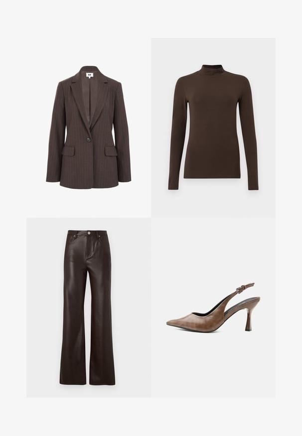 Brauner Blazer mit Nadelstreifen, mit Reverskragen, einem Knopfverschluss und zwei vorderen Taschen. Glatte Innenauskleidung in einem dunkleren Farbton.; Braunes langärmliges Rollkragenoberteil aus weichem Stoff. Figurbetontes Design mit hohem Hals und nahtlosen Ärmeln. Keine sichtbaren Muster oder Hardware.; Vero Moda Wide-leg VMTESSA High rise - Stoffhose - chocolate torte; Brauner Lederslingpumps mit spitzer Kappe, verstellbarem Schnallenriemen und schlankem, zugespitztem Absatz.