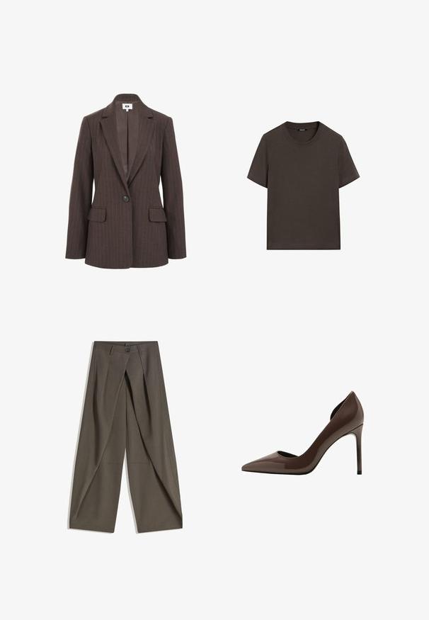 Brauner Blazer mit Nadelstreifen, mit Reverskragen, einem Knopfverschluss und zwei vorderen Taschen. Glatte Innenauskleidung in einem dunkleren Farbton.; Dunkelbraunes T-Shirt mit kurzen Ärmeln aus Baumwolle. Verfügt über einen runden Halsausschnitt und eine lockere Passform, ohne sichtbare Muster oder Akzente.; Weite Hosen aus einem strukturierten, dunkelgrauen Stoff. Mit einer vorderen Faltenlegung, Knopfverschluss und praktischen Seitentaschen ausgestattet.; Brauner Stiletto-Pumps aus Lackleder mit spitzer Kappe und ausgeschnittenen Seiten, mit glänzendem Finish und schlankem, hohem Absatz.