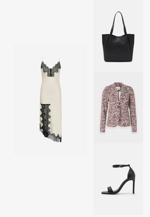 Blazer so vzorom leopardích škvŕn v ružových a béžových odtieňoch, s jedným gombíkom, strihaný na mieru a s dlhými rukávmi. Mäkká tkanina so štruktúrovaným dizajnom.; Krémové slipové šaty s čiernou čipkovou lemovkou na výstrihu, ramienkach a asymetrickým lemom so stranovým čipkovým panelom.; Čierne sandále na vysokom opätku s elegantným dizajnom, obsahujúce popruh okolo členka, otvorenú špičku a hladký kožený povrch.; Čierna taška na rameno vyrobená z hladkého syntetického materiálu, s dvoma dlhými rúčkami a prednou vreckom na sklzu. Otvorený vrch s ostrým dizajnom.