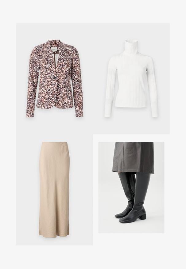 Blazer de estampado de leopardo en tonos rosa y beige, con cierre de botón único, ajuste entallado y mangas largas. Tejido suave con un diseño estructurado.; Suéter de pico blanco acanalado con mangas largas, que presenta un cuello alto y una textura suave. El ajuste es elegante y ceñido al cuerpo.; Samsøe Samsøe AGNETA LONG SKIRT - Falda larga - white pepper; Botas negras de cuero hasta la rodilla con punta cuadrada, tacón de bloque inclinado y cremallera lateral; textura lisa y diseño ajustado.