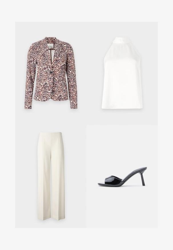 Blazer de estampado de leopardo en tonos rosa y beige, con cierre de botón único, ajuste entallado y mangas largas. Tejido suave con un diseño estructurado.; Top blanco sin mangas con cuello alto, textura suave y un ajuste ligeramente holgado, sin patrones ni adornos.; Pantalones de pierna ancha blancos, confeccionados en una tela suave con pliegues en la parte delantera. Diseñados con una cintura alta y un acabado limpio.; Sandalias de tacón con punta abierta de charol negro, con un diseño superior curvado y tacón de aguja cónico. Acabado liso y brillante.