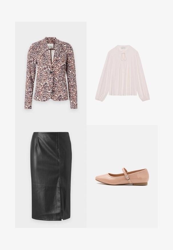 Blazer de estampado de leopardo en tonos rosa y beige, con cierre de botón único, ajuste entallado y mangas largas. Tejido suave con un diseño estructurado.; Blusa de manga larga rosa claro con cuello en forma de llave, lazo al cuello, parte delantera con pliegues y puños fruncidos. Tejido suave, corte relajado y diseño minimalista.; Falda lápiz de cuero negro con un diseño elegante, que cuenta con una abertura lateral y una textura suave, adecuada para uso formal o casual.; Call it Spring JANEYY - Bailarinas con hebilla - other beige