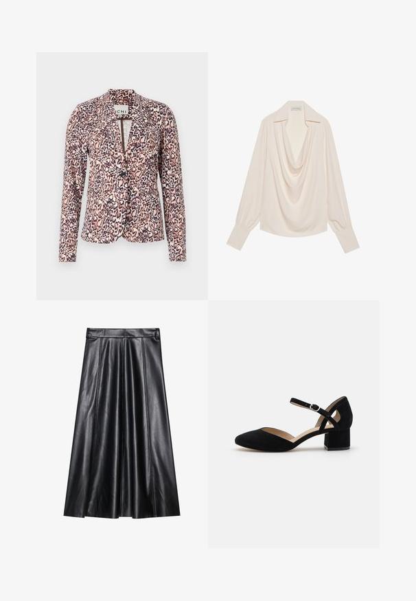 Blazer de estampado de leopardo en tonos rosa y beige, con cierre de botón único, ajuste entallado y mangas largas. Tejido suave con un diseño estructurado.; Blusa de manga larga con cuello drapeado en tejido crema claro, que presenta un corte holgado, puños enrollados y un drapeado sin costuras en el escote.; Falda de cuero negro en corte A con plisados, con una textura suave, cinturilla ajustada y detalles de costura visibles. Sin acentos adicionales.; Zapato de tacón alto de ante negro con punta afilada y un tacón ancho y cuadrado. Presenta una correa ajustable en el tobillo con una hebilla plateada.