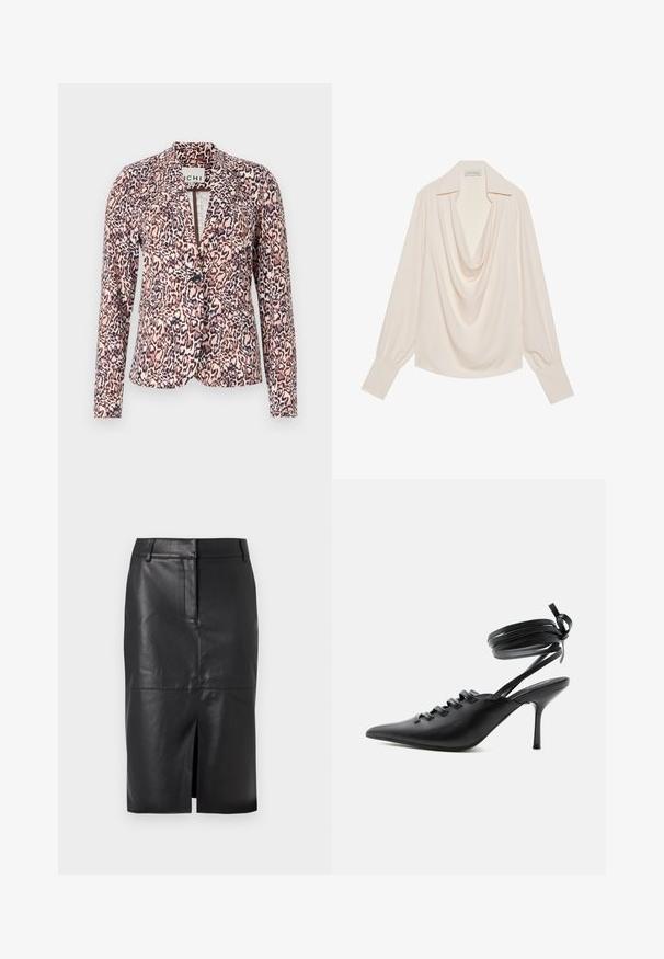 Luipaardprint blazer in roze en beige tinten, met een enkele knoopsluiting, getailleerde pasvorm en lange mouwen. Zachte stof met gestructureerd ontwerp.; Blouse met col van lichtcrème stof, met lange mouwen, een ontspannen pasvorm, omgeslagen manchetten en naadloze draping bij de halslijn.; Zwarte leren kokerrok met een split aan de voorkant, met een gladde textuur, twee zijzakken en een aansluitende pasvorm.; Zwarte pumps met spitse neus en hoge hak, met veters aan de voorkant en riempjes die rond de enkel wikkelen en zijn gestrikt in een strik, gezien vanaf de zijkant tegen een witte achtergrond.
