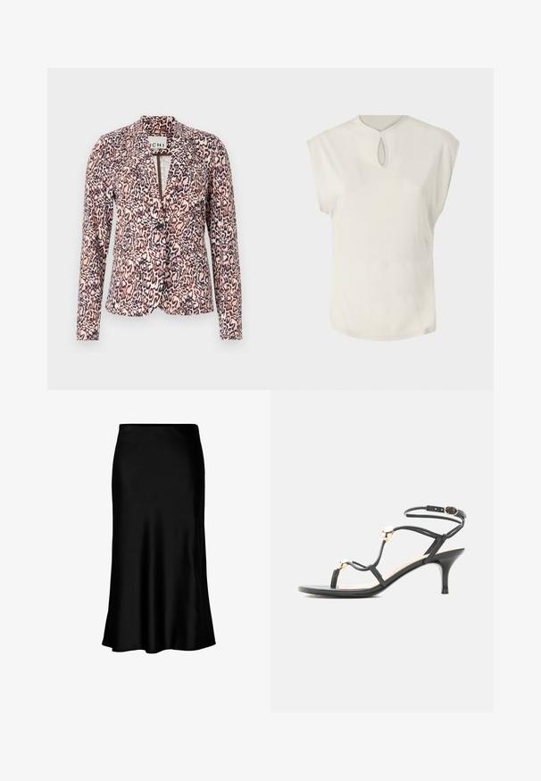 Blazer de estampado de leopardo en tonos rosa y beige, con cierre de botón único, ajuste entallado y mangas largas. Tejido suave con un diseño estructurado.; Top blanco de manga corta con un escote redondo y un pequeño detalle en forma de ojal en la parte delantera. Textura suave, corte relajado y dobladillo ligeramente curvado.; Falda midi de satén negro con una textura suave, dobladillo acampanado y una cinturilla ajustada, que presenta un diseño simple y clásico.; Sandalia negra con tiras, tacón medio, cuentas doradas de acento y una correa en el tobillo con hebilla sobre fondo blanco.