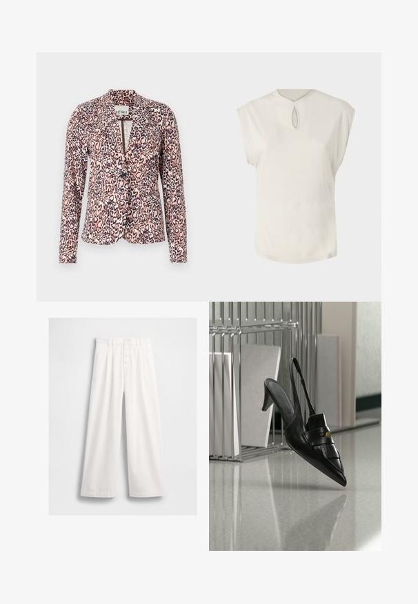 Blazer de estampado de leopardo en tonos rosa y beige, con cierre de botón único, ajuste entallado y mangas largas. Tejido suave con un diseño estructurado.; Top blanco de manga corta con un escote redondo y un pequeño detalle en forma de ojal en la parte delantera. Textura suave, corte relajado y dobladillo ligeramente curvado.; Pantalones de pierna ancha blancos, hechos de una tela suave, con una cintura alta, cierre de botón frontal visible y costuras cuidadas a lo largo de los dobladillos.; Zapato de tacón destalonado de cuero negro con puntera puntiaguda, flecos y detalle de botón dorado sobre un suelo reflectante cerca de soportes metálicos para archivos.