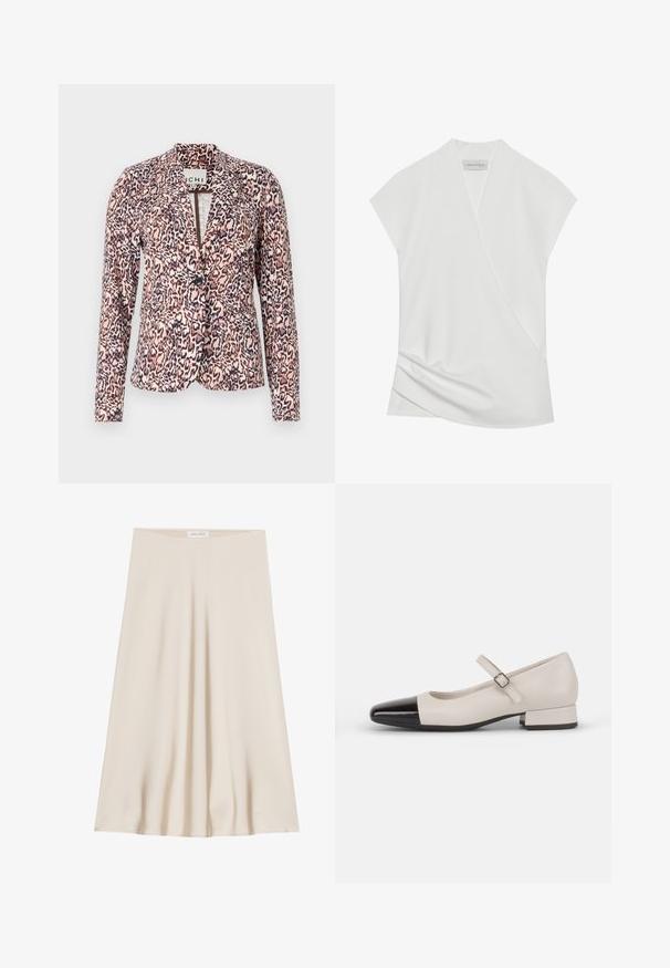 Blazer de estampado de leopardo en tonos rosa y beige, con cierre de botón único, ajuste entallado y mangas largas. Tejido suave con un diseño estructurado.; Blusa blanca de manga corta con un diseño cruzado, que presenta un sutil drapeado en el dobladillo y una textura suave y ligera. La etiqueta dice "ANNA FIELD."; Una falda de color crema hasta la rodilla, confeccionada en una tela suave con un diseño acampanado y una cinturilla ancha. Sin patrones ni adornos presentes.; Zapato estilo Mary Jane en cuero crema con puntera de charol negro. Presenta una punta redonda, tirante en el tobillo con una hebilla cuadrada y un tacón bajo y cuadrado.