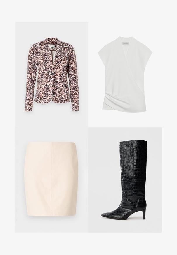 Luipaardprint blazer in roze en beige tinten, met een enkele knoopsluiting, getailleerde pasvorm en lange mouwen. Zachte stof met gestructureerd ontwerp.; Witte korte mouwen blouse met een wikkeldesign, met subtiele draping aan de zoom en een gladde, zachte textuur. Label leest "ANNA FIELD."; Beige aansluitende rok met een fijne textuur en strakke lijnen. Heeft een midden hoge taille en een rechte silhouet. Geen zichtbare sluitingen of versieringen.; Zwarte knielaarzen met een glanzende, krokodillenpatroonstructuur, een puntige neus en een taps toelopende hak. Gladde synthetische materiaal.