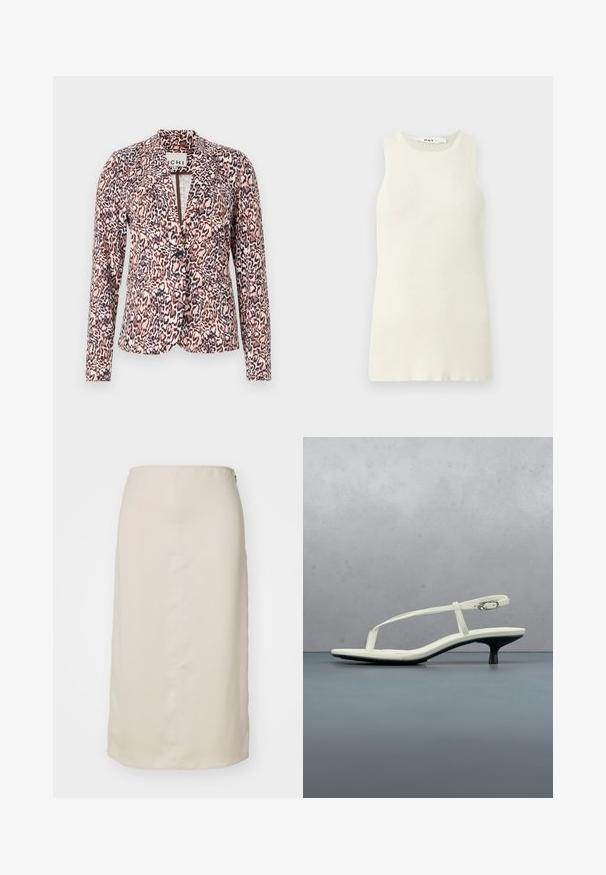 Blazer de estampado de leopardo en tonos rosa y beige, con cierre de botón único, ajuste entallado y mangas largas. Tejido suave con un diseño estructurado.; Top sin mangas de color crema hecho de tela de canalé, con un escote redondo y un diseño ajustado. Sin patrones o acentos visibles.; Falda lápiz beige con una textura suave, diseño a la altura de la rodilla y un cierre con cremallera oculta en la parte trasera. Estilo minimalista, sin patrones.; Sandalia blanca de tacón kitten con tiras y punta afilada, flotando sobre un suelo de baldosas de madera al aire libre, con un fondo desenfocado de plantas y pared.