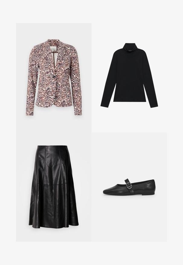 Luipaardprint blazer in roze en beige tinten, met een enkele knoopsluiting, getailleerde pasvorm en lange mouwen. Zachte stof met gestructureerd ontwerp.; Zwarte langetermijn turtleneck. Zachte stof, getailleerd design, hoge kraag en zijnaad. Eenvoudige en veelzijdige stijl die geschikt is voor het laagjes dragen.; Zwarte leren rok met een uitlopende silhoët, voorzien van zichtbare stiksels en een gladde textuur. Middellange ontwerp met een klassieke snit.; Zwarte leren platte schoen met een ronde neus, een enkele verstelbare gespsluiting en een gladde, glanzende textuur. Minimalistisch ontwerp met een lage hak.