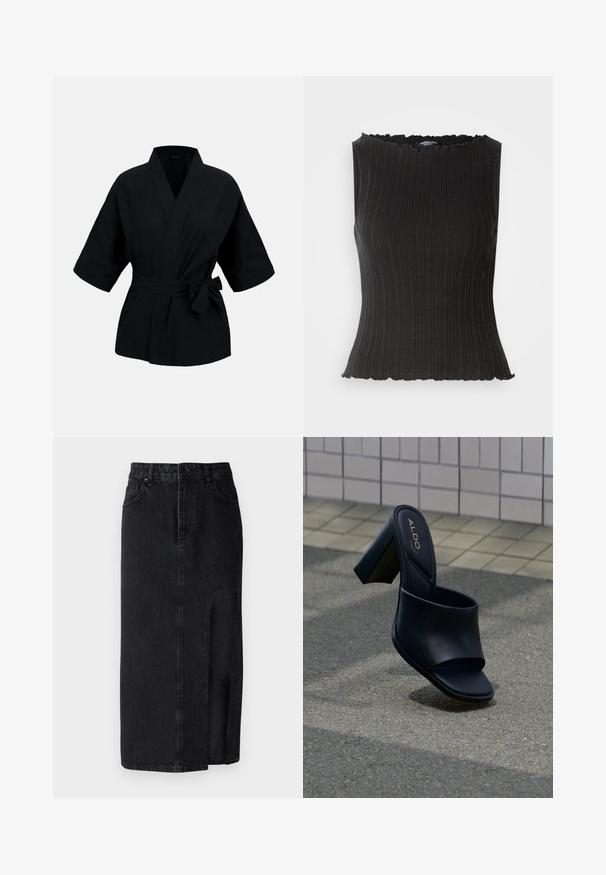 Veste portefeuille style kimono noire avec larges manches trois-quarts et ceinture nouée à la taille sur fond uni.; Haut noir sans manches avec texture côtelée, encolure festonnée et coupe ajustée. Confectionné dans un tissu extensible pour plus de confort.; Jupe midi en denim noir avec une fente à l'avant. Dotée d'une taille standard, de passants de ceinture et de poches avant. Texture lisse et coupe droite.; Sandale mule noire à talon haut avec une large bride, un bout carré, et le logo ALDO sur la semelle intérieure rembourrée, sur un fond de pavé texturé.
