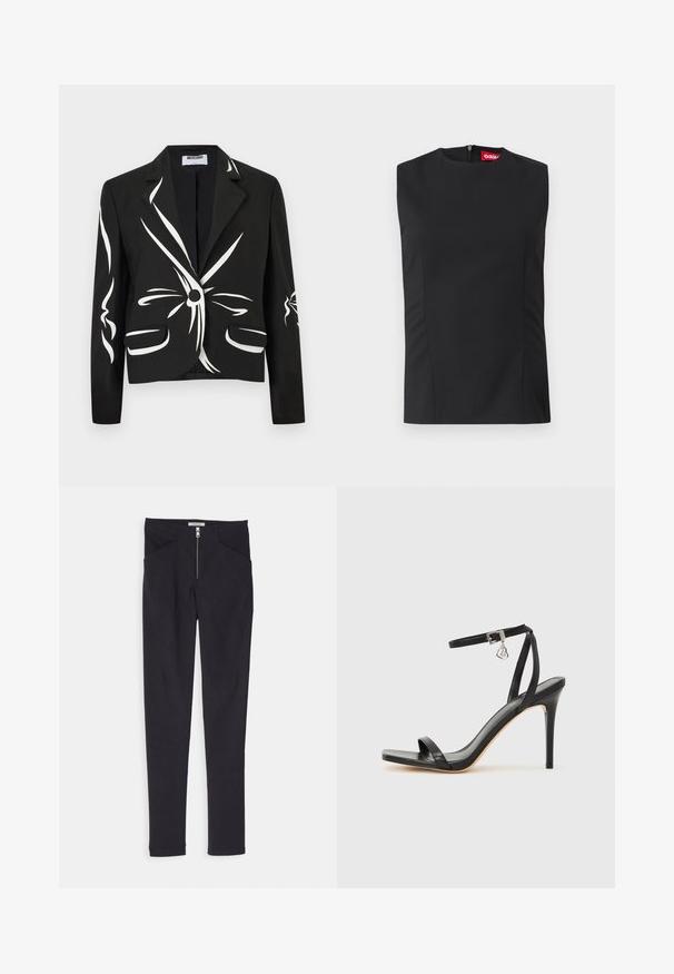 Μαύρο tailored σακάκι με λευκά αφηρημένα μοτίβα βουρτσισμάτων, κλείσιμο με ένα κουμπί, γιακάδες με σχισμές και εμπρόσθιες τσέπες με καπάκι.; Μαύρη αμάνικη μπλούζα με ψηλό λαιμό, εμπρόσθιες ραφές και αόρατο φερμουάρ στην πλάτη. Κατασκευασμένη από απαλό ύφασμα με δομημένη εφαρμογή.; Μαύρο παντελόνι με ομαλή υφή, διαθέτοντας κλείσιμο με φερμουάρ μπροστά, δύο λοξές τσέπες και εφαρμοστή σχεδίαση.; Μαύρο σανδάλι με ψηλό τακούνι, στενό λουράκι στον αστράγαλο, τετράγωνη μύτη, υλικό από λείο δέρμα και μεταλλικό διακοσμητικό πόρπη.