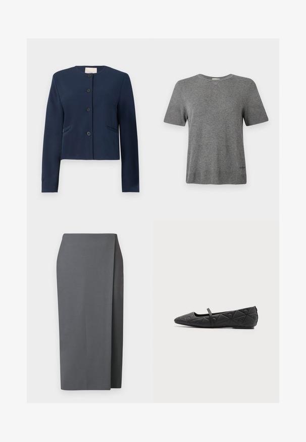 Navyblauwe colberloze jas met lange mouwen, vier zwarte knopen en twee zijzakken, op maat gemaakt.; Grijs T-shirt met korte mouwen van zachte stof. Ronde hals, relaxte pasvorm, met een subtiel logo bij de zoom. Overal een gladde textuur.; Grijze, knie-lange rok met een strak ontwerp. Gemaakt van gladde stof, met een zijsplit en strakke lijnen voor een minimalistische uitstraling.; Zwarte platte schoen met puntige neus, doorgestikte geometrische patronen en een dunne band over de wreef, op een effen achtergrond.