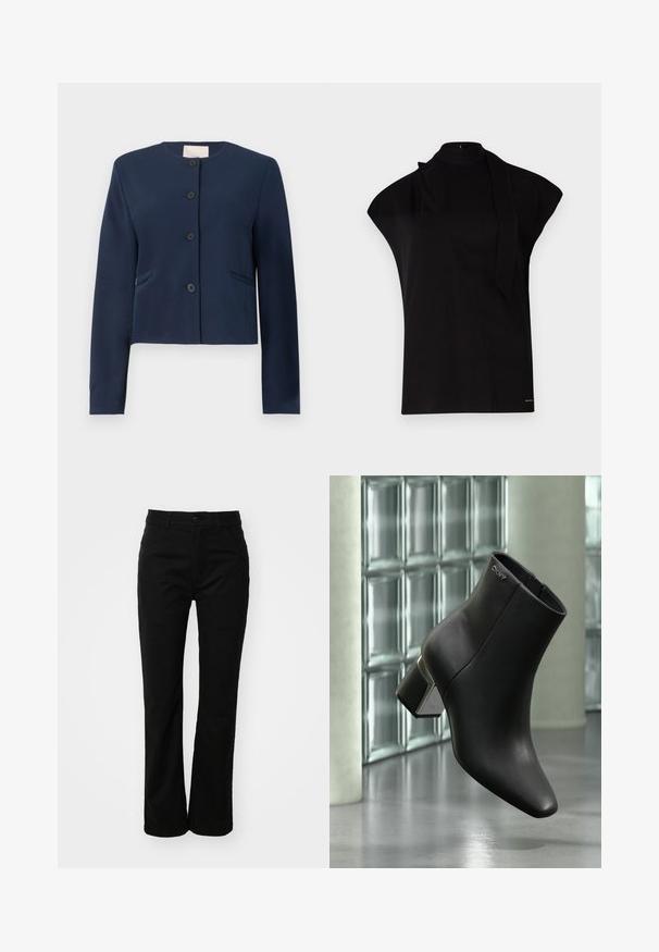 Chaqueta de manga larga azul marino, sin cuello, con cuatro botones negros y dos bolsillos laterales, de corte entallado.; Top negro de cuello alto con mangas tipo farol, que presenta un diseño asimétrico y una larga corbata al cuello. Hecho de un tejido suave con un aspecto minimalista.; Pantalones de algodón negros con un diseño de pierna recta, que presentan un cierre frontal con botón, cinturas para cinturón y dos bolsillos laterales. Textura suave.; Botín de cuero negro con tacón cuadrado, logo DKNY cerca de la parte superior, exhibido frente a una pared de bloques de vidrio y suelo de hormigón pulido.