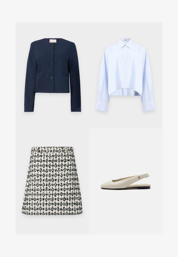 Chaqueta de manga larga azul marino, sin cuello, con cuatro botones negros y dos bolsillos laterales, de corte entallado.; Camiseta corta de manga larga azul claro con cuello clásico, tapeta de botones oculta y hombros caídos sobre un fondo liso.; Falda tejida en patrón de tweed beige y negro. Corte recto con ligera campana en el dobladillo. Presenta una cintura con detalle de botón.; Zapato plano slingback de cuero color crema con puntera redondeada y pequeño emblema dorado en la correa.