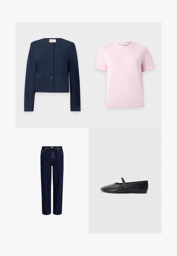 Marineblaues langärmliges, kragenloses Jacket mit vier schwarzen Knöpfen und zwei seitlichen Schlitztaschen, taillierte Passform.; Hellrosa Kurzarm-T-Shirt mit Rundhalsausschnitt und dezentem, erhabenem "Calvin Klein"-Logo in der Mitte der Brust.; Dunkelblaue Denim-Jeans mit geradem Bein, hoher Taille, fünf Taschen und kontrastierenden Nähten. Ohne Verzierungen.; Schwarze Leder-Ballettschuhe mit spitzem Schuhzeug, flacher Sohle und einem kleinen Riemen mit silberner Schnalle.